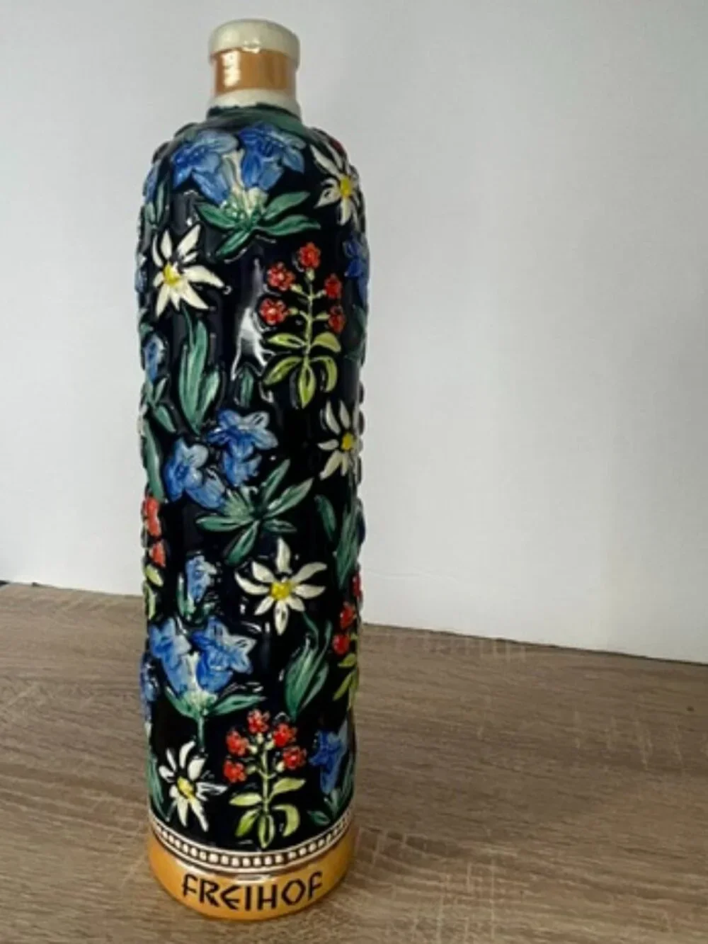 Freihof Hand‑Decorated Ceramic Floral Bottle – Vintage Austrian Decanter